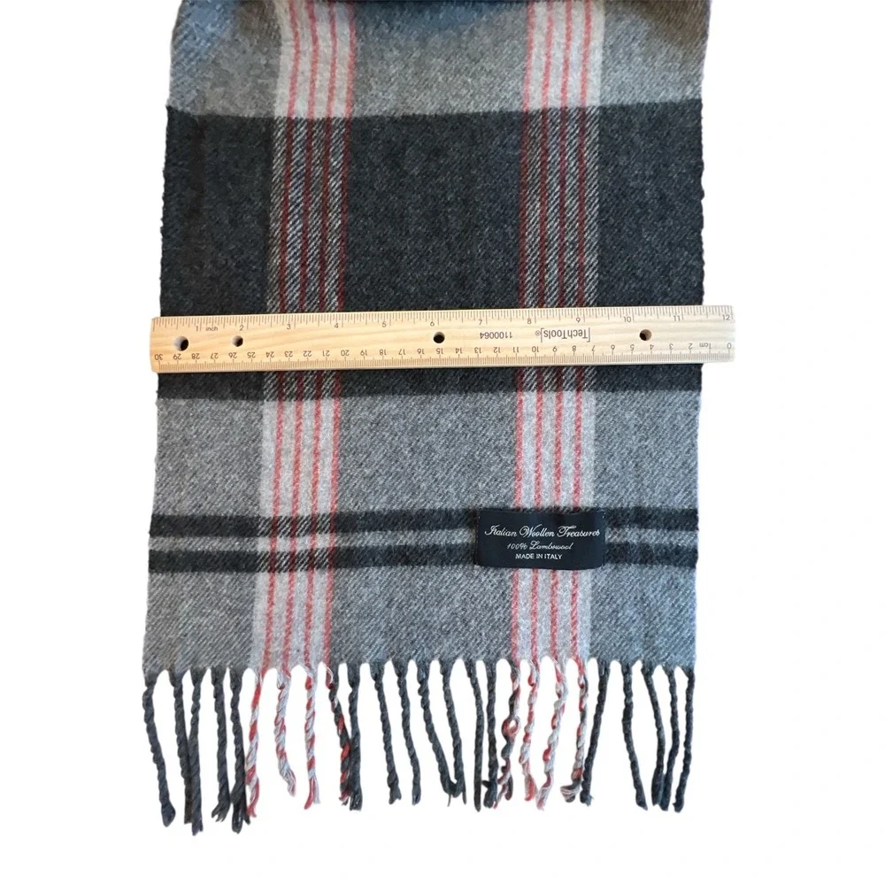 Italian Woollen Treasures Scarf 100% Lambswool Plaid Soft Cozy Black Grey Red